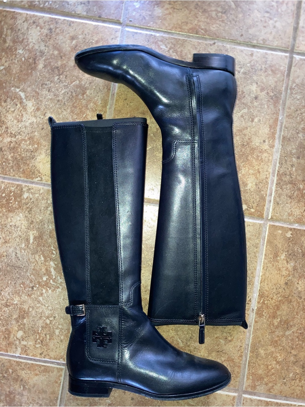 Tory Burch Black Leather Knee-High Riding Boots with Logo Accent